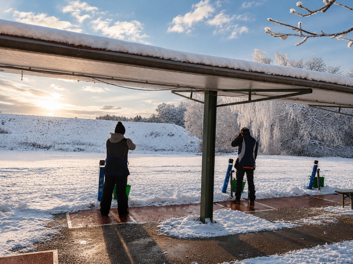 Schützen hochkonzentriert auf den Positionen unter dem schneeberäumten Unterstand