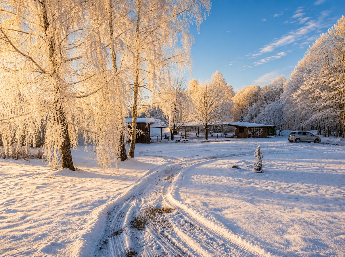 Die verschneite Vereinsanlage des Wachholderbusch e.V. im winterlichen Glanz