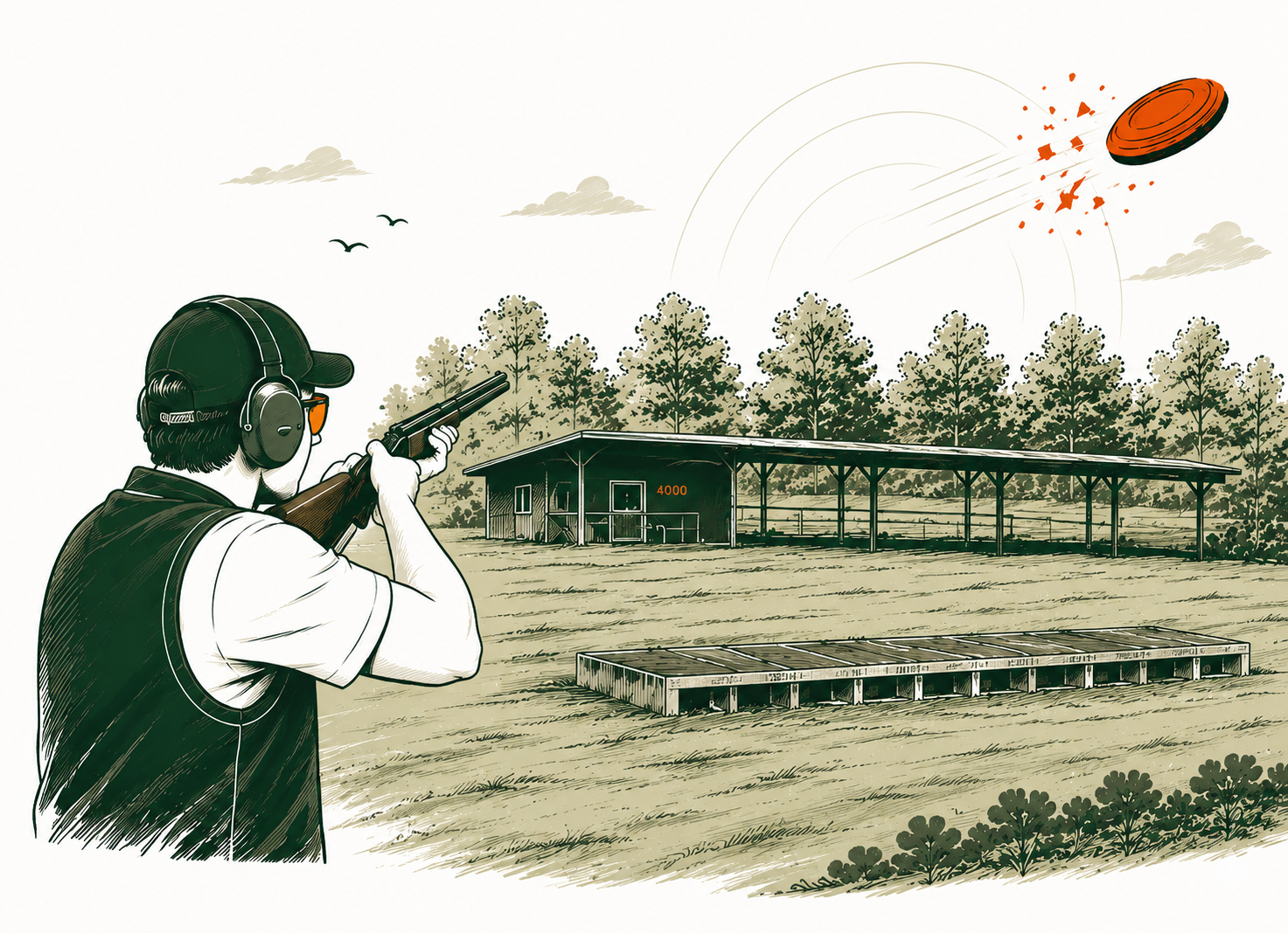Illustration eines Tontaubenschützen auf dem Schießstand